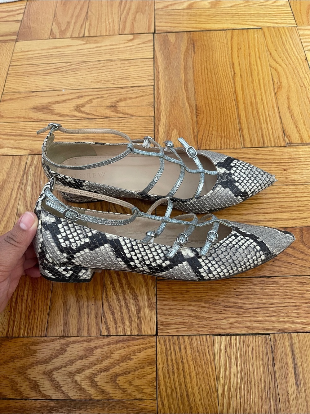 J. Crew Silver Snakeskin-Print Caged Pointed Flats - Picture 3 of 9